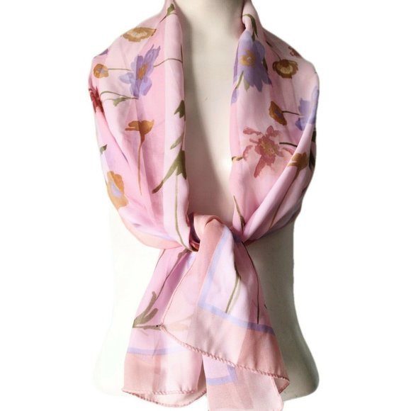 Womens Unbranded Pink Multicolor Floral Polyester Part Sheer Long Scarf Spring - Picture 2 of 4